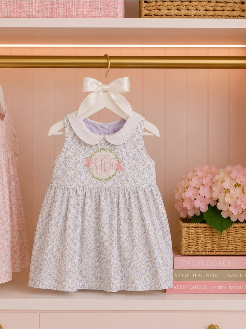 Girls 4T Lavender Floral Peter Pan Collar Dress Embroidered “SHA” Monogram